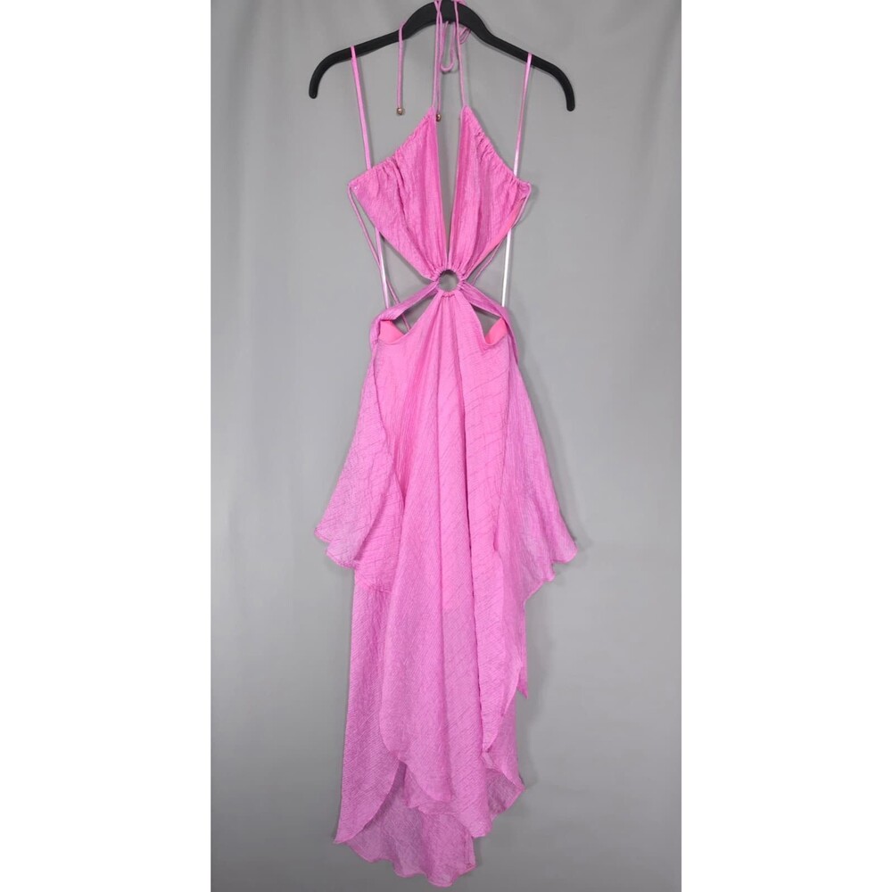 HERE COMES THE SUN Women's Midi Dress Pink SMALL Halter Cut-Out